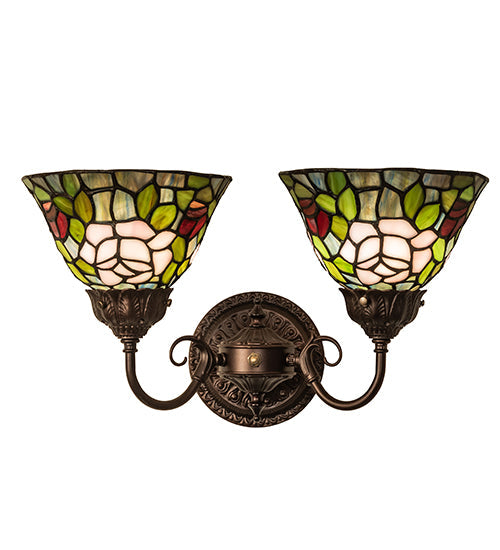 Meyda Lighting Tiffany Rosebush 31121 18" 2-Light Mahogany Bronze Wall Sconce With Multi-Colored Shade Glass