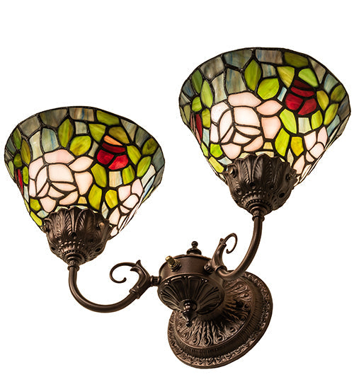 Meyda Lighting Tiffany Rosebush 31121 18" 2-Light Mahogany Bronze Wall Sconce With Multi-Colored Shade Glass