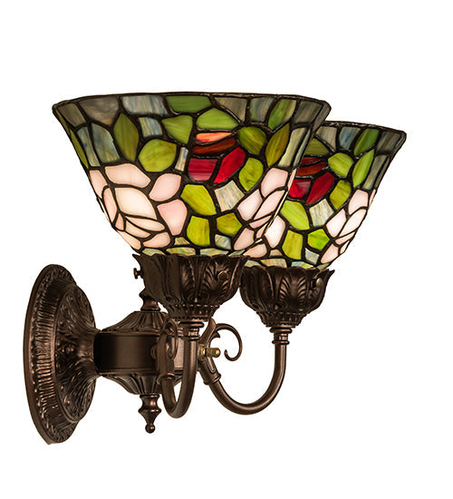 Meyda Lighting Tiffany Rosebush 31121 18" 2-Light Mahogany Bronze Wall Sconce With Multi-Colored Shade Glass