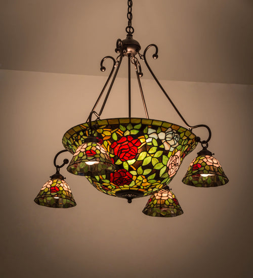 Meyda Lighting Tiffany Rosebush 36" 10-Light Mahogany Bronze Chandelier With Multi-Colored Shade Glass