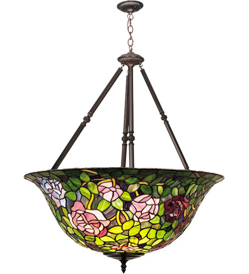 Meyda Lighting Tiffany Rosebush 38" 5-Light Mahogany Bronze Inverted Pendant Light With Multi-Colored Shade Glass