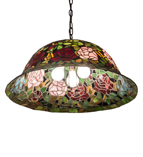 Meyda Lighting Tiffany Rosebush 46583 24" 3-Light Mahogany Bronze Pendant Light With Multi-Colored Stained Shade Glass