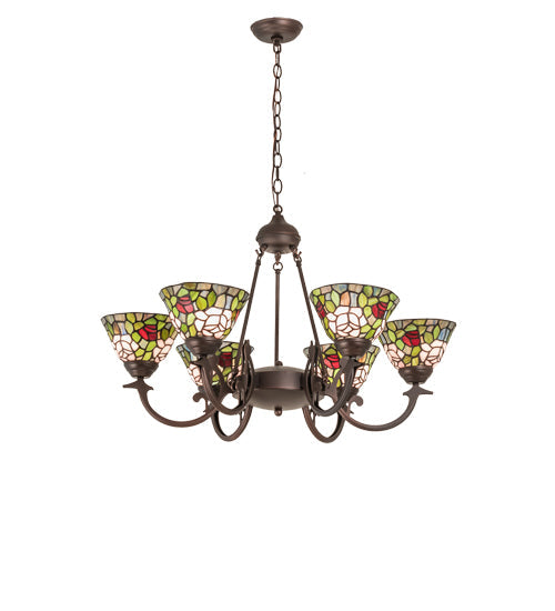 Meyda Lighting Tiffany Rosebush 72651 32" 6-Light Mahogany Bronze Chandelier With Multi-Colored Shade Glass