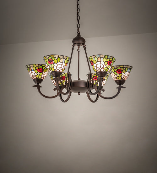 Meyda Lighting Tiffany Rosebush 72651 32" 6-Light Mahogany Bronze Chandelier With Multi-Colored Shade Glass