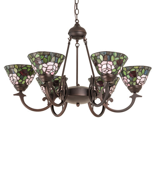 Meyda Lighting Tiffany Rosebush 72651 32" 6-Light Mahogany Bronze Chandelier With Multi-Colored Shade Glass