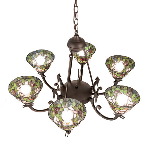 Meyda Lighting Tiffany Rosebush 72651 32" 6-Light Mahogany Bronze Chandelier With Multi-Colored Shade Glass