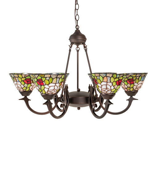 Meyda Lighting Tiffany Rosebush 72651 32" 6-Light Mahogany Bronze Chandelier With Multi-Colored Shade Glass