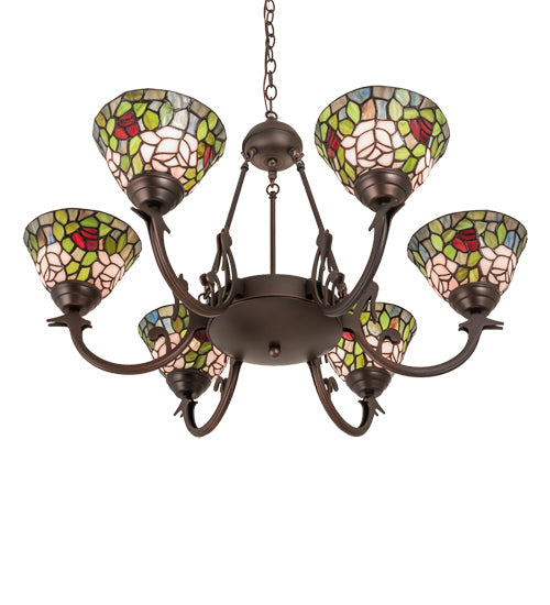 Meyda Lighting Tiffany Rosebush 72651 32" 6-Light Mahogany Bronze Chandelier With Multi-Colored Shade Glass