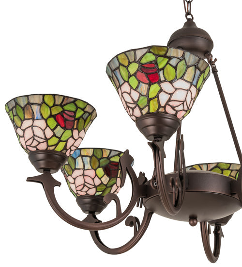 Meyda Lighting Tiffany Rosebush 72651 32" 6-Light Mahogany Bronze Chandelier With Multi-Colored Shade Glass