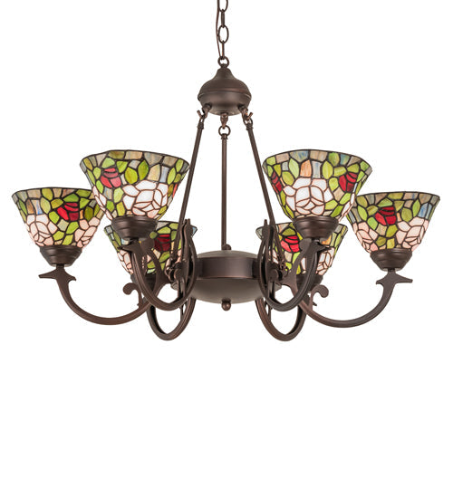 Meyda Lighting Tiffany Rosebush 72651 32" 6-Light Mahogany Bronze Chandelier With Multi-Colored Shade Glass