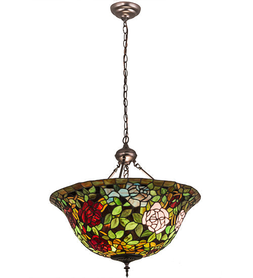 Meyda Lighting Tiffany Rosebush 77786 24" 3-Light Mahogany Bronze Inverted Pendant Light With Multi-Colored Stained Shade Glass