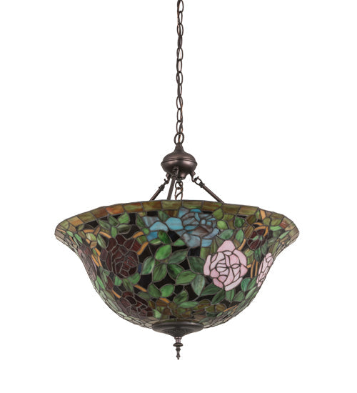 Meyda Lighting Tiffany Rosebush 77786 24" 3-Light Mahogany Bronze Inverted Pendant Light With Multi-Colored Stained Shade Glass