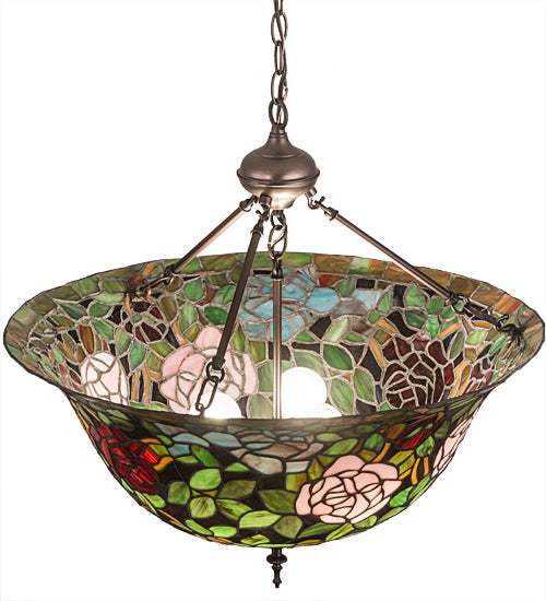 Meyda Lighting Tiffany Rosebush 77786 24" 3-Light Mahogany Bronze Inverted Pendant Light With Multi-Colored Stained Shade Glass