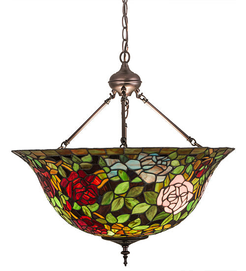 Meyda Lighting Tiffany Rosebush 77786 24" 3-Light Mahogany Bronze Inverted Pendant Light With Multi-Colored Stained Shade Glass