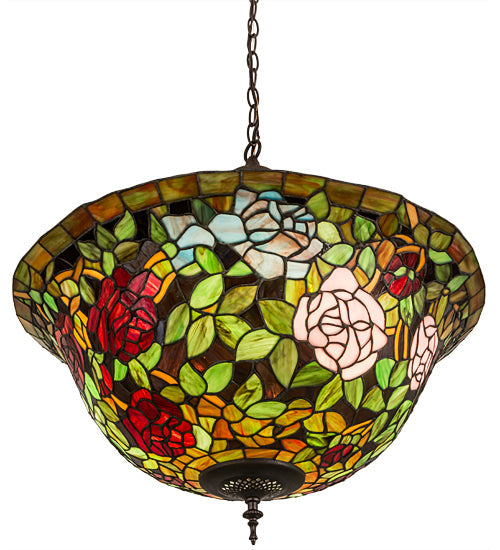 Meyda Lighting Tiffany Rosebush 77786 24" 3-Light Mahogany Bronze Inverted Pendant Light With Multi-Colored Stained Shade Glass