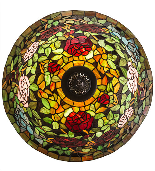 Meyda Lighting Tiffany Rosebush 77786 24" 3-Light Mahogany Bronze Inverted Pendant Light With Multi-Colored Stained Shade Glass