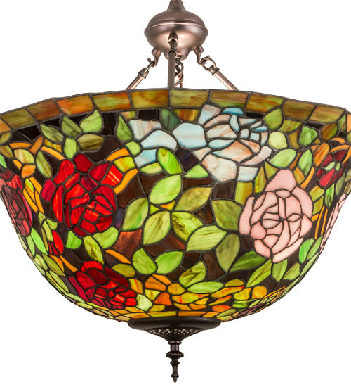 Meyda Lighting Tiffany Rosebush 77786 24" 3-Light Mahogany Bronze Inverted Pendant Light With Multi-Colored Stained Shade Glass