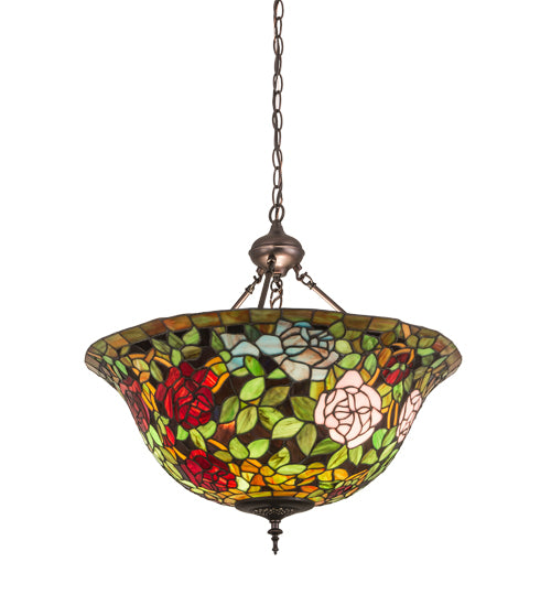 Meyda Lighting Tiffany Rosebush 77786 24" 3-Light Mahogany Bronze Inverted Pendant Light With Multi-Colored Stained Shade Glass