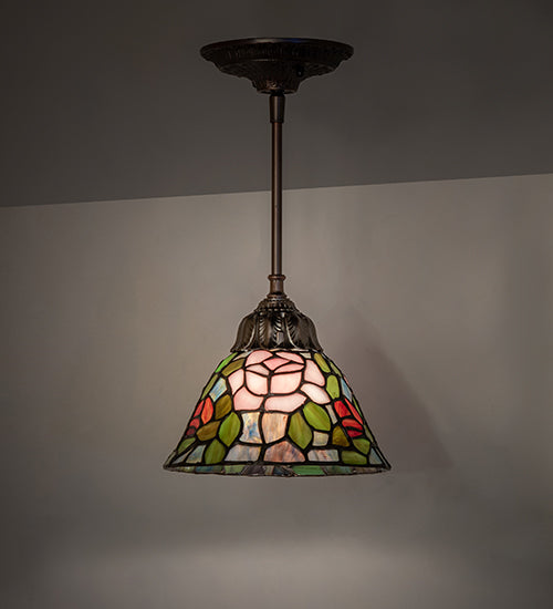 Meyda Lighting Tiffany Rosebush 8" Mahogany Bronze Mini Pendant Light With Multi-Colored Stained Shade Glass