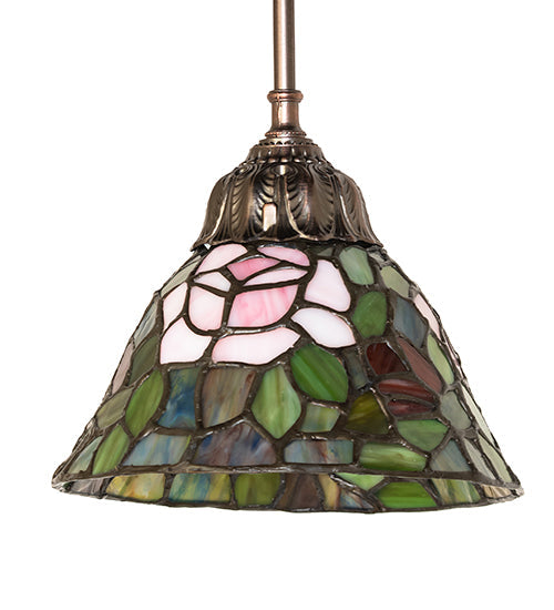 Meyda Lighting Tiffany Rosebush 8" Mahogany Bronze Mini Pendant Light With Multi-Colored Stained Shade Glass