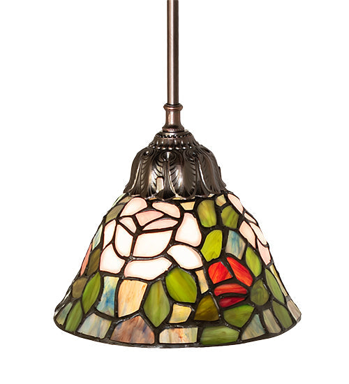 Meyda Lighting Tiffany Rosebush 8" Mahogany Bronze Mini Pendant Light With Multi-Colored Stained Shade Glass