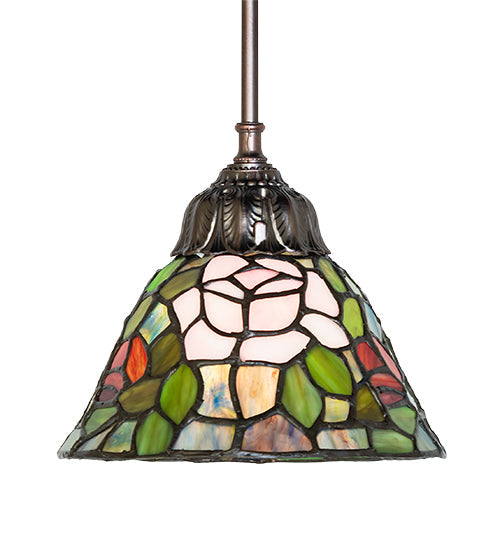 Meyda Lighting Tiffany Rosebush 8" Mahogany Bronze Mini Pendant Light With Multi-Colored Stained Shade Glass