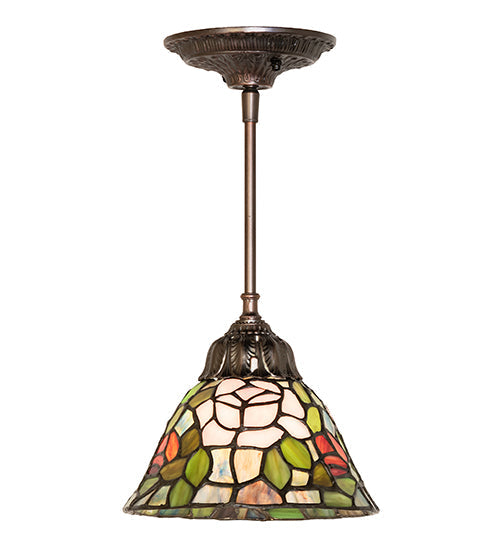 Meyda Lighting Tiffany Rosebush 8" Mahogany Bronze Mini Pendant Light With Multi-Colored Stained Shade Glass