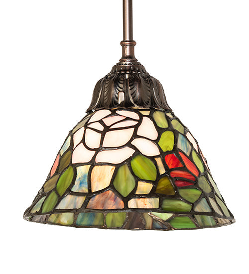 Meyda Lighting Tiffany Rosebush 8" Mahogany Bronze Mini Pendant Light With Multi-Colored Stained Shade Glass