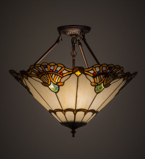 Meyda Lighting Tiffany Shell With Jewels 20" 3-Light Mahogany Bronze Inverted Pendant Light With Multi-Colored Shade Glass