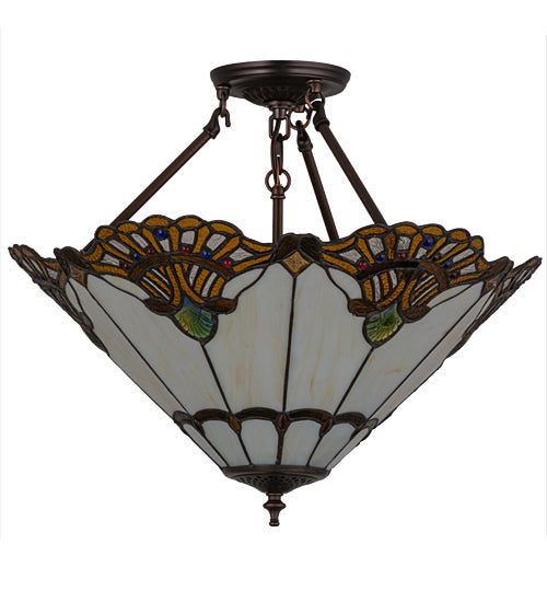 Meyda Lighting Tiffany Shell With Jewels 20" 3-Light Mahogany Bronze Inverted Pendant Light With Multi-Colored Shade Glass