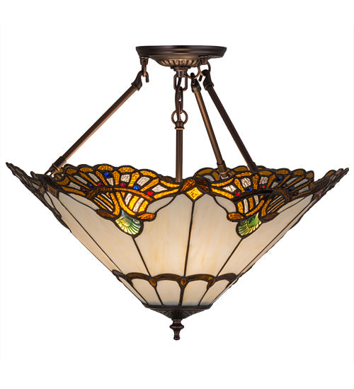 Meyda Lighting Tiffany Shell With Jewels 20" 3-Light Mahogany Bronze Inverted Pendant Light With Multi-Colored Shade Glass