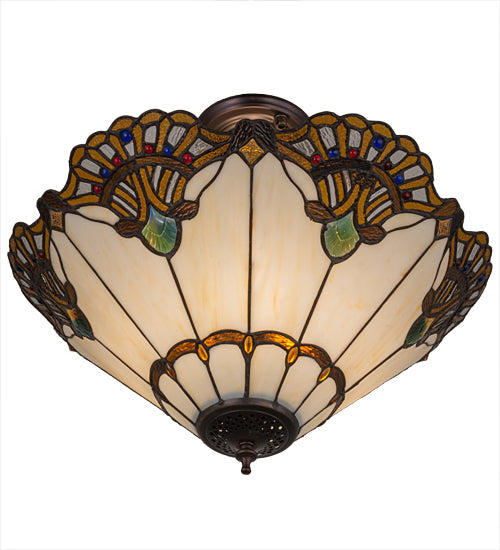 Meyda Lighting Tiffany Shell With Jewels 20" 3-Light Mahogany Bronze Inverted Pendant Light With Multi-Colored Shade Glass