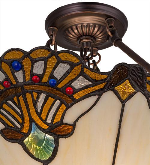 Meyda Lighting Tiffany Shell With Jewels 20" 3-Light Mahogany Bronze Inverted Pendant Light With Multi-Colored Shade Glass