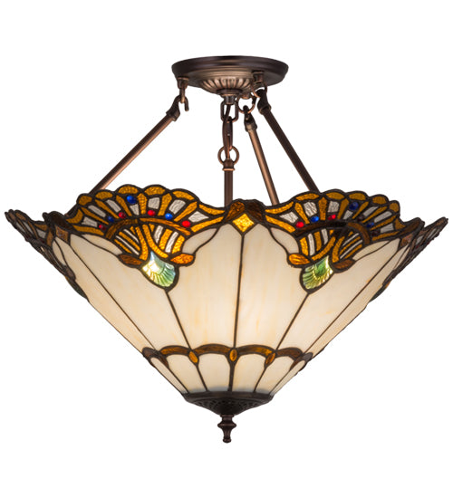 Meyda Lighting Tiffany Shell With Jewels 20" 3-Light Mahogany Bronze Inverted Pendant Light With Multi-Colored Shade Glass