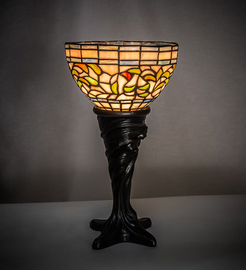 Meyda Lighting Tiffany Turning Leaf 15" Mahogany Bronze Mini Table Lamp With Multi-Colored Stained Shade Glass