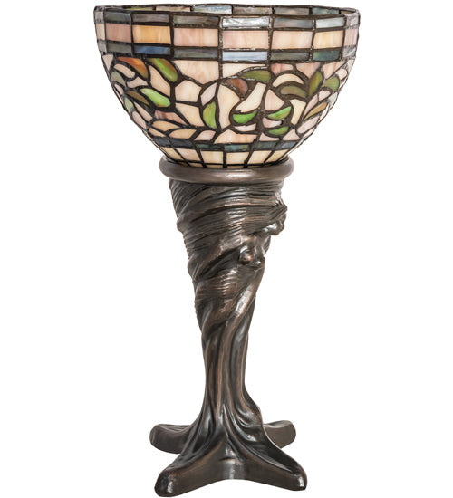 Meyda Lighting Tiffany Turning Leaf 15" Mahogany Bronze Mini Table Lamp With Multi-Colored Stained Shade Glass