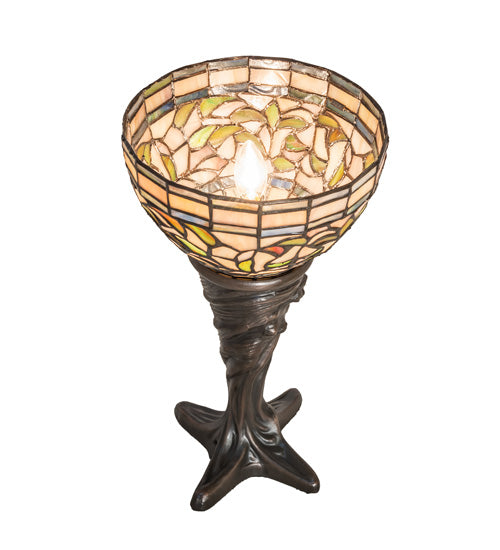 Meyda Lighting Tiffany Turning Leaf 15" Mahogany Bronze Mini Table Lamp With Multi-Colored Stained Shade Glass