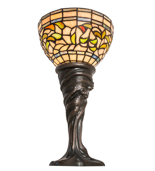 Meyda Lighting Tiffany Turning Leaf 15" Mahogany Bronze Mini Table Lamp With Multi-Colored Stained Shade Glass