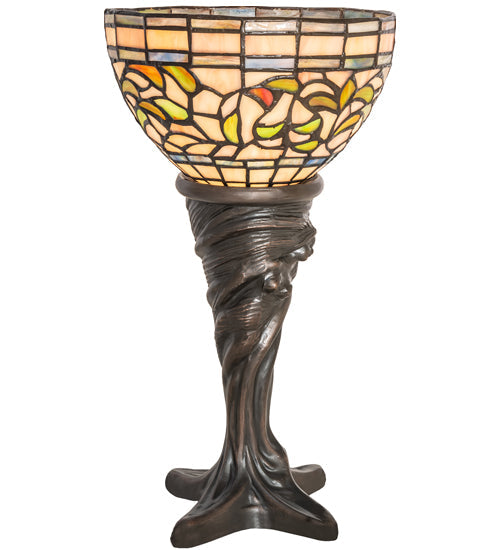 Meyda Lighting Tiffany Turning Leaf 15" Mahogany Bronze Mini Table Lamp With Multi-Colored Stained Shade Glass