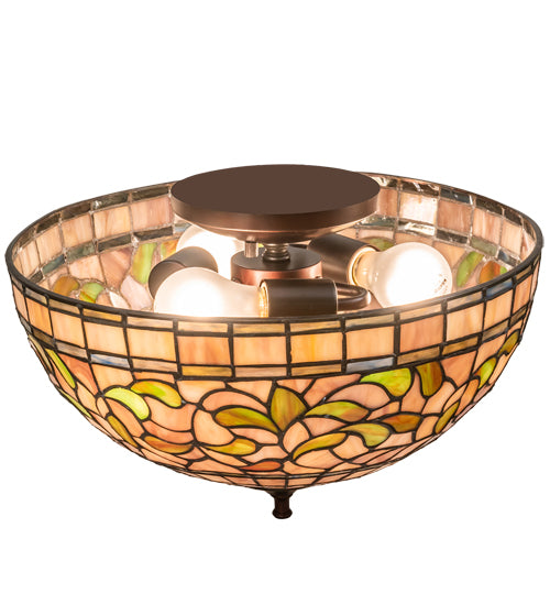 Meyda Lighting Tiffany Turning Leaf 16" 3-Light Mahogany Bronze Flush Mount Light With Multi-Colored Shade Glass