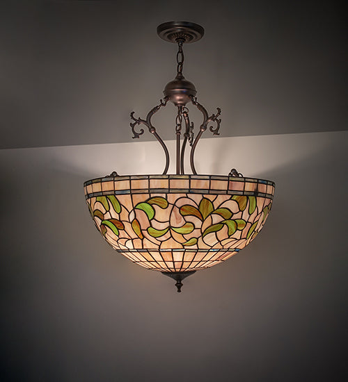 Meyda Lighting Tiffany Turning Leaf 20" 3-Light Mahogany Bronze Inverted Pendant Light With Green & Beige Shade Glass