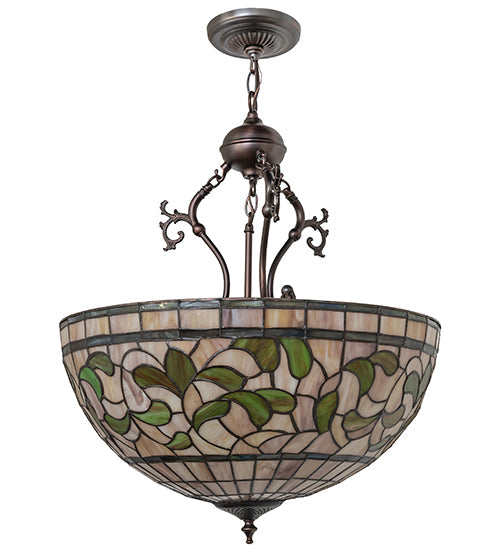 Meyda Lighting Tiffany Turning Leaf 20" 3-Light Mahogany Bronze Inverted Pendant Light With Green & Beige Shade Glass