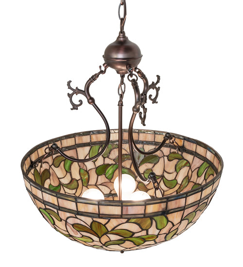 Meyda Lighting Tiffany Turning Leaf 20" 3-Light Mahogany Bronze Inverted Pendant Light With Green & Beige Shade Glass
