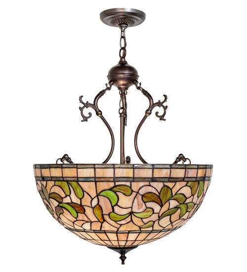 Meyda Lighting Tiffany Turning Leaf 20" 3-Light Mahogany Bronze Inverted Pendant Light With Green & Beige Shade Glass