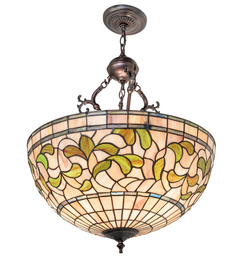 Meyda Lighting Tiffany Turning Leaf 20" 3-Light Mahogany Bronze Inverted Pendant Light With Green & Beige Shade Glass