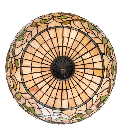 Meyda Lighting Tiffany Turning Leaf 20" 3-Light Mahogany Bronze Inverted Pendant Light With Green & Beige Shade Glass