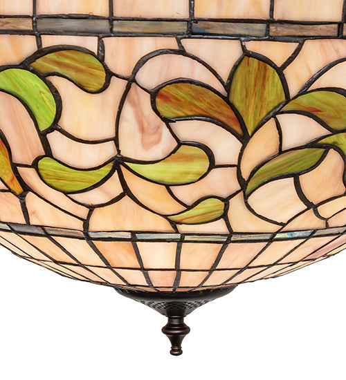 Meyda Lighting Tiffany Turning Leaf 20" 3-Light Mahogany Bronze Inverted Pendant Light With Green & Beige Shade Glass