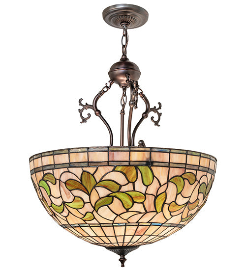 Meyda Lighting Tiffany Turning Leaf 20" 3-Light Mahogany Bronze Inverted Pendant Light With Green & Beige Shade Glass