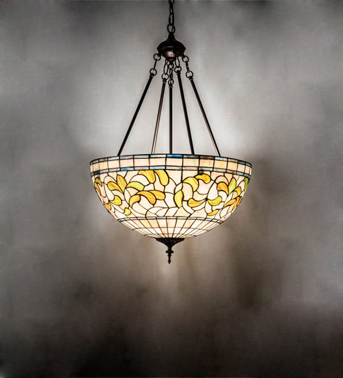 Meyda Lighting Tiffany Turning Leaf 20" 3-Light Mahogany Bronze Inverted Pendant Light With Green & Beige Stained Shade Glass