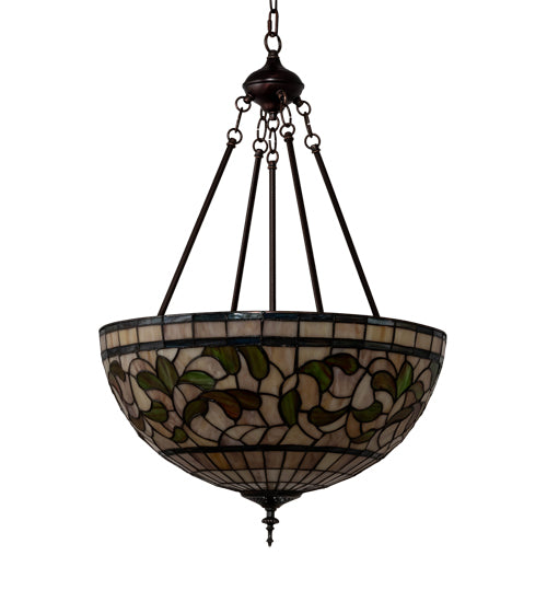 Meyda Lighting Tiffany Turning Leaf 20" 3-Light Mahogany Bronze Inverted Pendant Light With Green & Beige Stained Shade Glass
